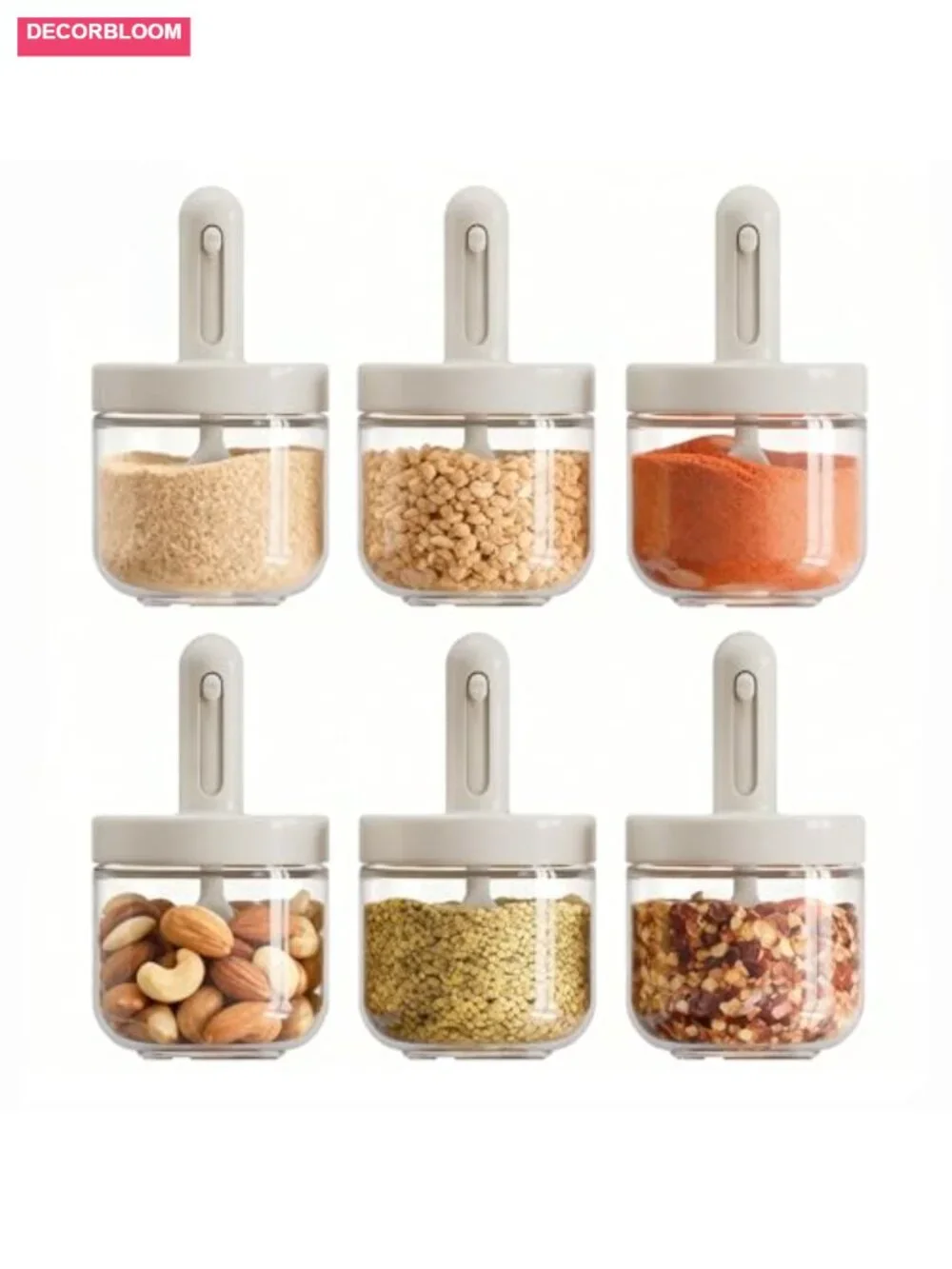 6-Piece Glass Spice Jars with Adjustable Spoon, Airtight Lids, 300ml
